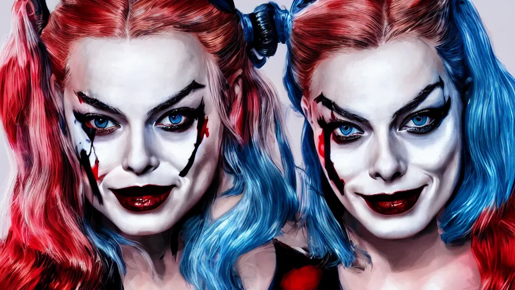 Prompt: portrait of Margot Robbie as Harley Quinn, Pixiv style, detailed,