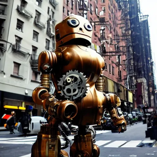 Image similar to a steampunk robot walking up a street in New York city.