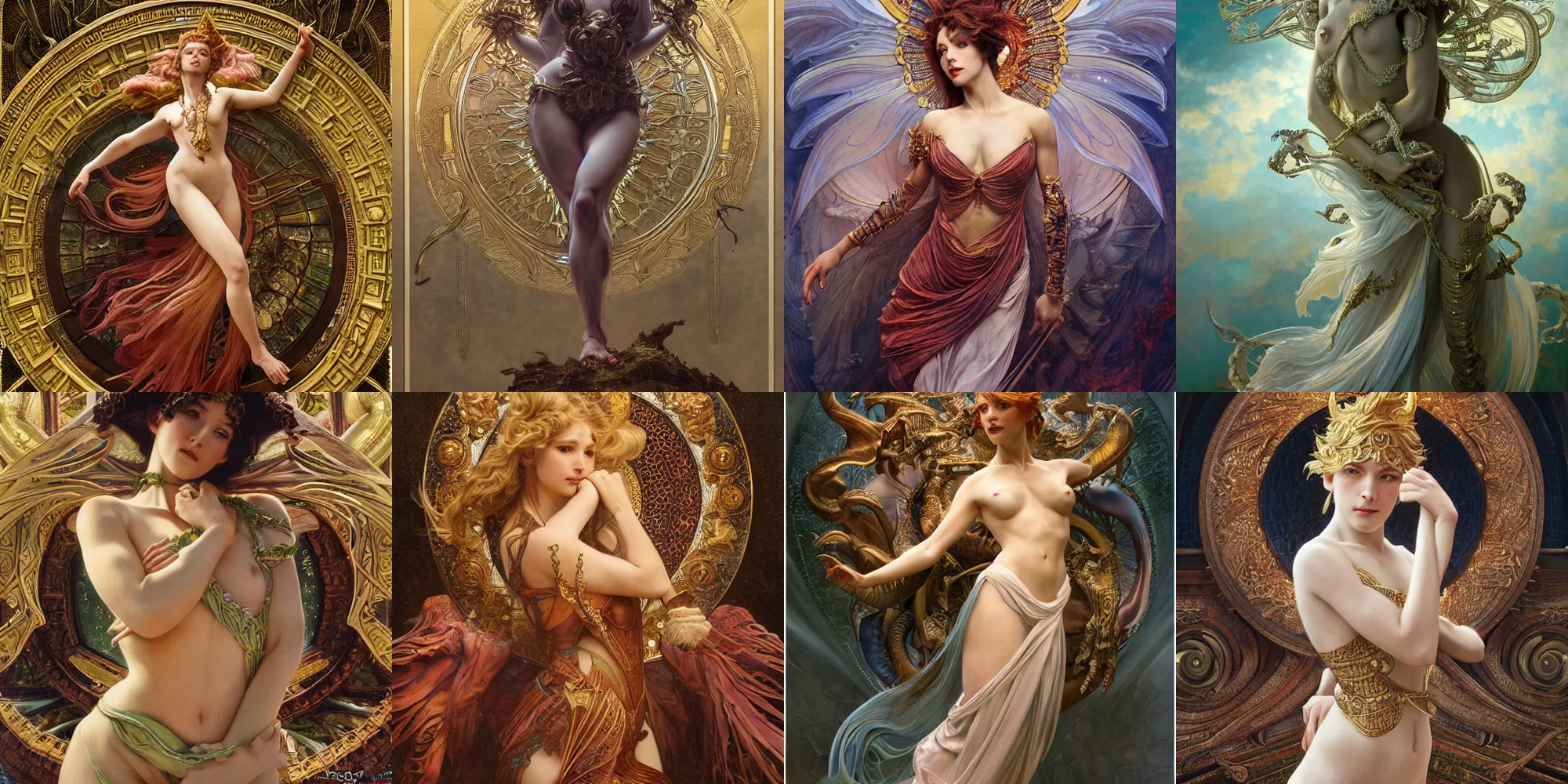 Prompt: a very detailed stunning dynamic pose, a very detailed full body of a celestial goddess of the dragons, intricate, 8k highly professionally detailed, hdr, CGSociety, dark fantasy, dynamic lighting, cinematic, pristine, smooth, cosplay, elegant, sharp focus, a very detailed art by alphonse mucha and greg rutkowski,