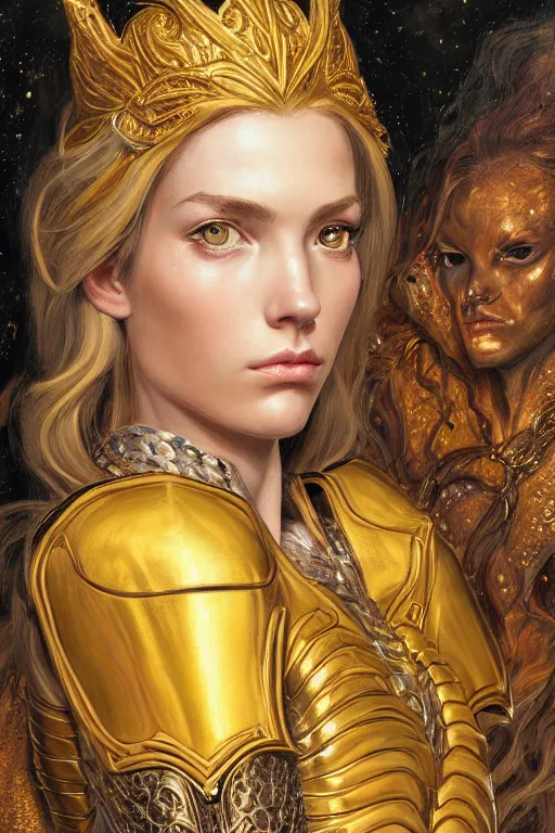 Image similar to high quality extremely detailed closeup portrait of a young gorgeous female warlock looking away from the camera wearing very reflective golden armor, detailed eyes, sparkle in eyes, no hands visible, fantasy, d & d, intricate, painting by lucian freud and mark brooks, hd