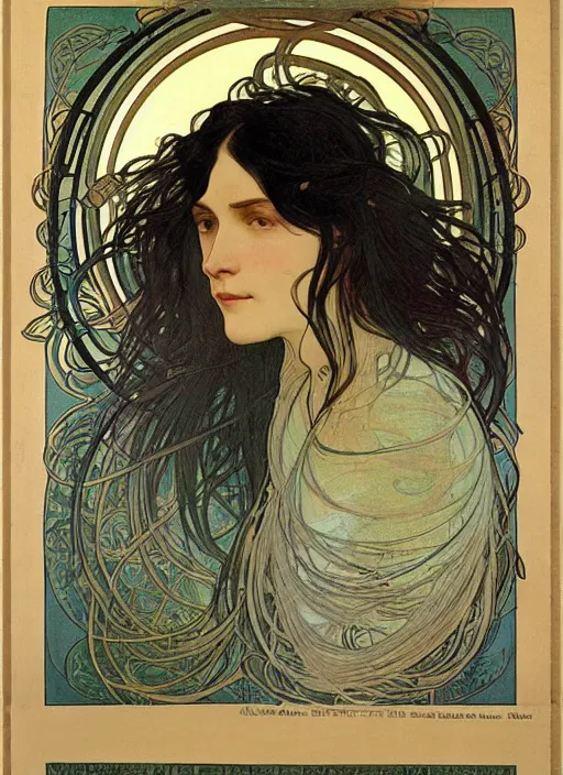 Image similar to portrait of an unkle blue moon with long black hair and beard, by alphonse mucha