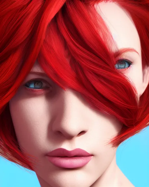 Image similar to a head and shoulder portrait of a beautiful woman with red hair, painted in the colorful style of Kotwdq, trending on Artstation, 8k, photorealistic, hyper detailed, unreal engine