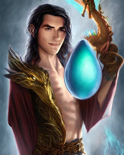 Image similar to portrait of elven boy mage with long black hair holding dragon egg by artgerm modern fantasy 4 k ultra high resolution