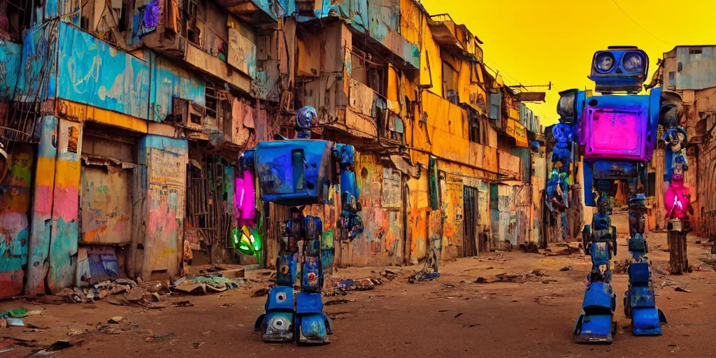 Image similar to colourful - damaged - giant mecha ROBOT of neon lit AJEGUNLE SLUMS of Lagos, markings on robot, Golden Hour,