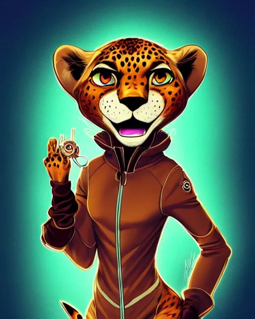 Image similar to don bluth, loish, artgerm, joshua middleton, steampunk, clockpunk anthropomorphic cheetah, wearing a track suit, smiling, symmetrical eyes symmetrical face, colorful animation forest background