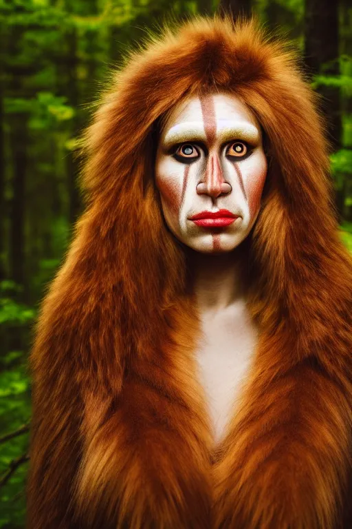 Image similar to a professional portrait photo of a neanderthal woman forest, face paint, ginger hair and fur, extremely high fidelity, natural lighting, national geographic magazine cover.