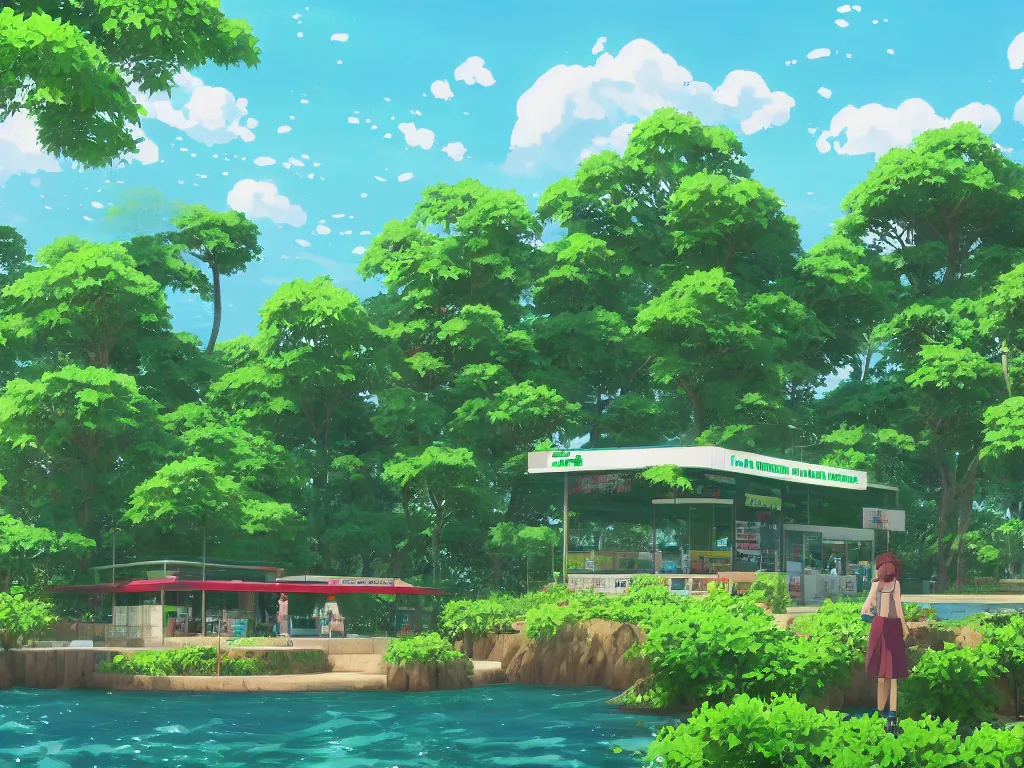 Image similar to 7 - eleven convenience store on a small island, lush greenery, surrounded by water, anime by makoto shinkai, 4 k