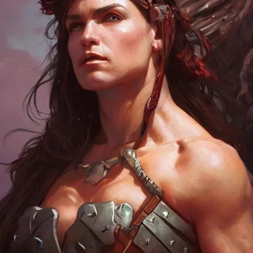 Image similar to portrait of a barbarian woman, muscular, upper body, D&D, fantasy, intricate, cinematic lighting, highly detailed, digital painting, artstation, concept art, smooth, sharp focus, illustration, art by Artgerm and Greg Rutkowski and Alphonse Mucha