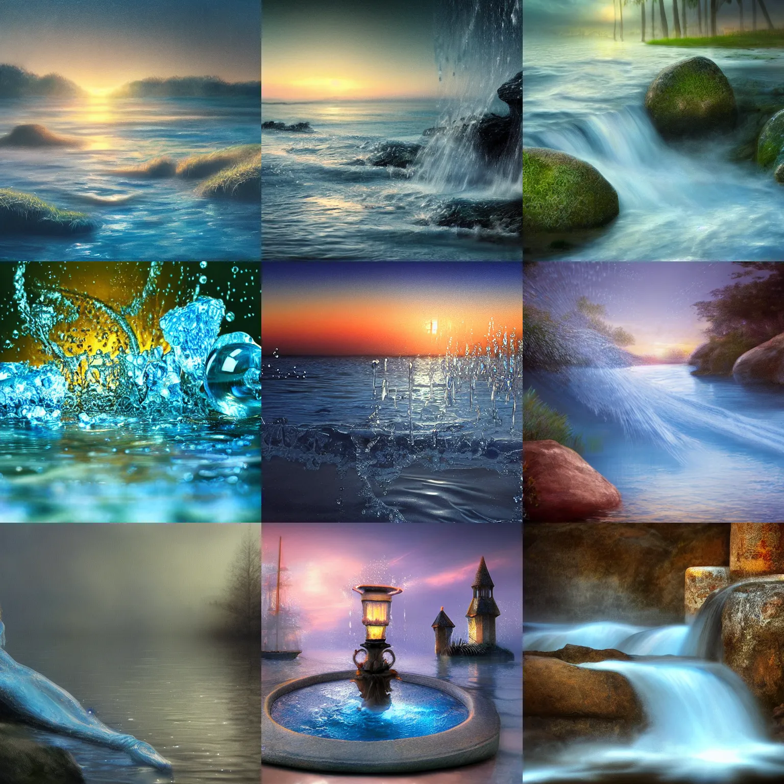 Prompt: closeup fantasy with water magic, at gentle dawn blue light, semirealism