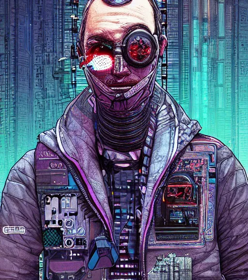 Image similar to a cyberpunk man with a glitching patchwork face of various ethnicities, Industrial Scifi, detailed illustration, character portrait, by Martin Grip and Moebius