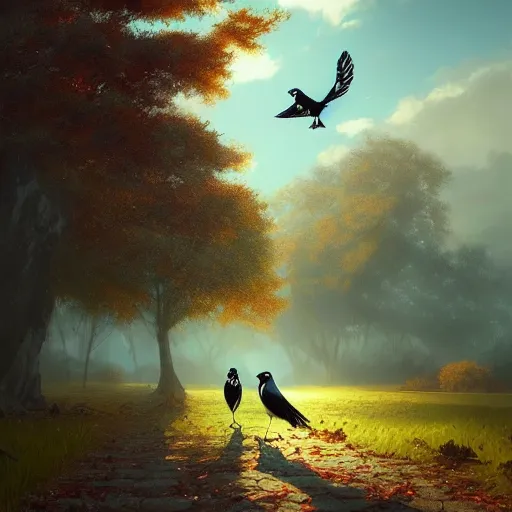 Image similar to magpie bird, urraca in avila, green fields, fall season, 4 k, concept art, by wlop, ilya kuvshinov, artgerm, krenz cushart, greg rutkowski, pixiv. cinematic dramatic atmosphere, sharp focus, volumetric lighting, cinematic lighting, studio quality