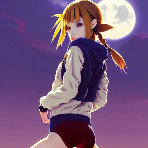 Image similar to beautiful boyish natalie portman gravure model in majora's mask, wearing big mayan bomber jacket with overalls and leotard, big bomber jacket with subtle mayan patterns, aztec bathing suit, gapmoe yandere grimdark, trending on pixiv fanbox, painted by greg rutkowski makoto shinkai takashi takeuchi studio ghibli, akihiko yoshida