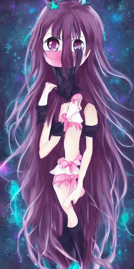 Image similar to a magical anime girl, dark colours, drawn by Yūpon,