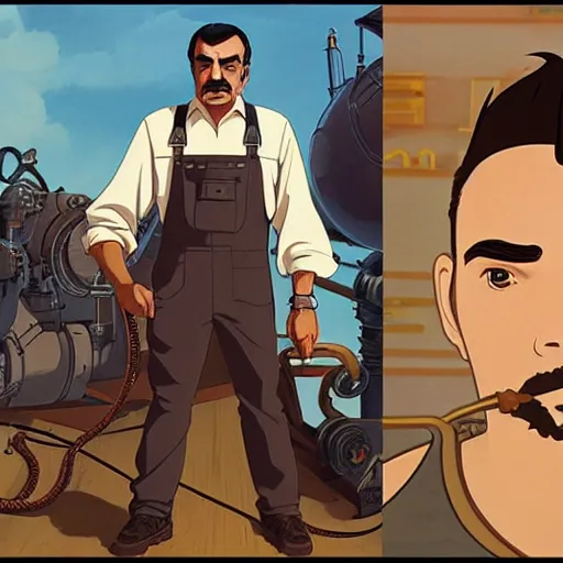 Image similar to burt reynolds as an airship mechanic wearing a tank top and overalls fixing pipes below deck, steampunk, realistic facial features, highly detailed, illustration, Makoto Shinkai and Studio Ghibli animated film still, by Ilya Kuvshinov and Alphonse Mucha