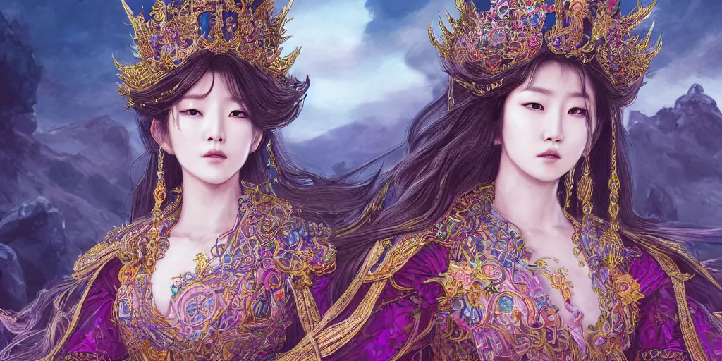 Prompt: an concept art of the korean queen surrounded by magic guards, long hair, makeup, intricate details, detailed face, detailed dress, one face, artstation, epic pose, colourful light, by kentaro miura and vasnetsov