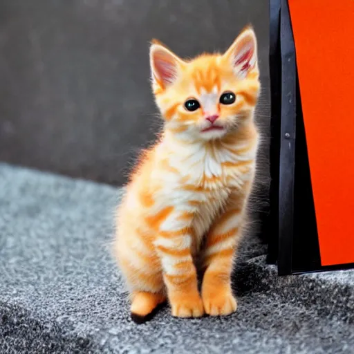 Image similar to cute fluffy orange tabby kitten with a sign that says