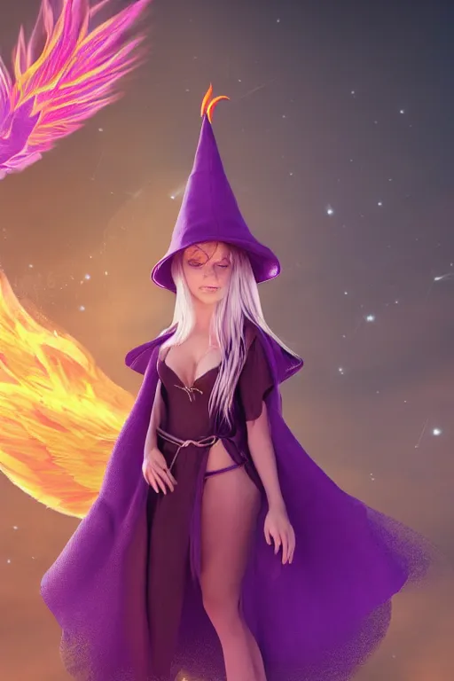 Prompt: Young beautiful short woman in purple witch robes and pointy hat with a small pet tiny adorable phoenix on her shoulder, full body shot, digital art, detailed render, 3D material, Cell Shader