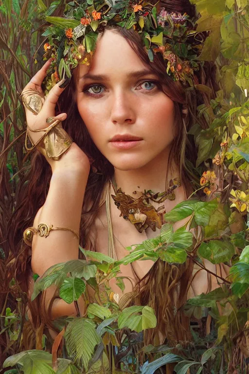 Image similar to ultra realistic illustration, bohemian girl in jungle, staring directly into camera, intricate, elegant, highly detailed, digital painting, artstation, concept art, smooth, sharp focus, illustration, art by artgerm and greg rutkowski and alphonse mucha