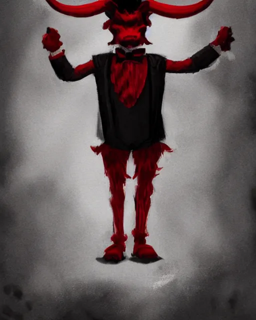 Image similar to Medium shot of Red Imp + White black striped horns + Formal outfit, in the style of greg rutkowski