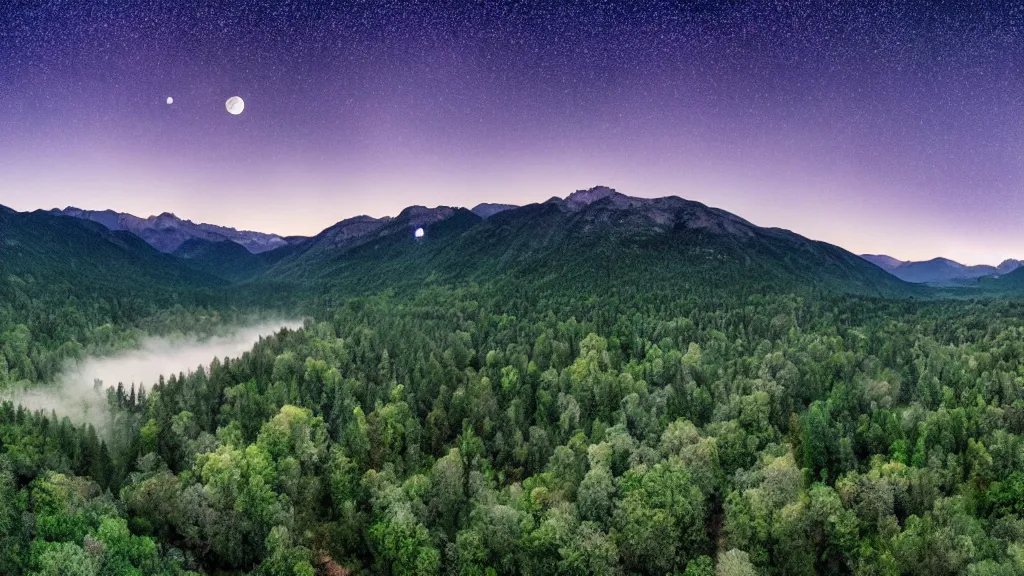 Image similar to Panoramic photo where the mountains are towering over the valley below their peaks shrouded in mist. The moon is just peeking over the horizon and the sky dark purple. The sky is blanketed with shiny stars. The river is winding its way through the valley and the trees are a vivid green