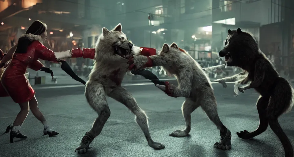 Image similar to still of nicolas cage beating up furry cosplayers, 4 k, octane render, choreographed fight scene, composition, shot by director park chan - wook