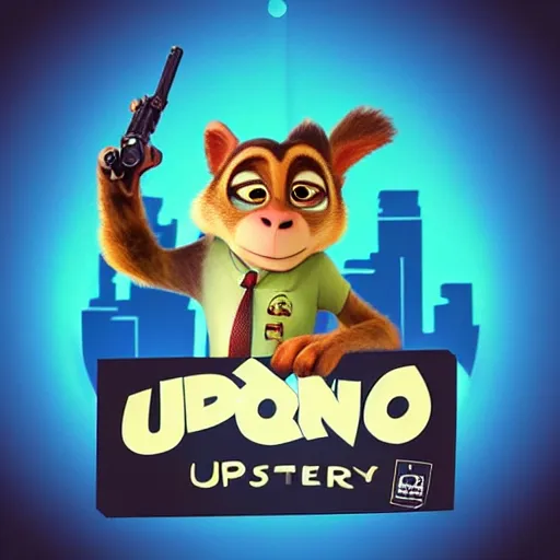 Image similar to “ logo of a upside down monkey in the style of zootopia holding laser gun, with a black background, digital art, award winning, trending on art station, retro style ”