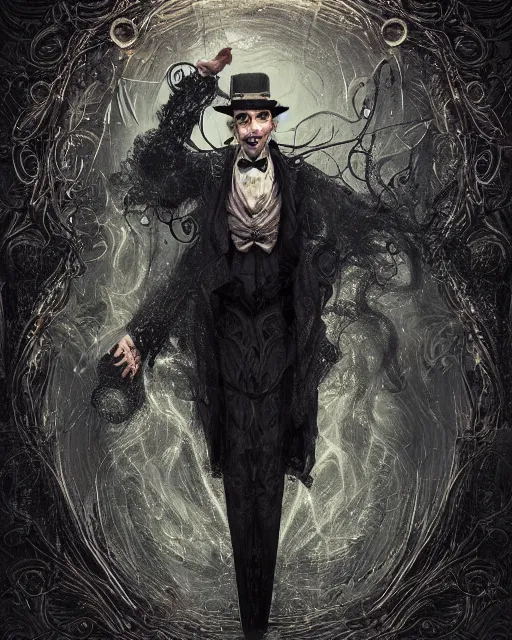 Prompt: a highly detailed portrait of devious male magician radiating a powerful energy aura, ornate back tuxedo, wispy tendrils of smoke, intricate, digital painting, old english, raining, sepia, particles floating, whimsical background by marc simonetti, artwork by liam wong