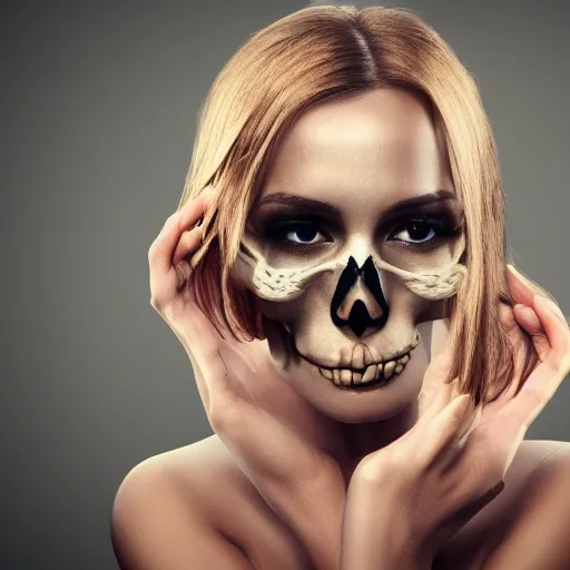Prompt: beautiful woman with a skull for a head, wearing a dress, photorealistic, award winning, 8k,