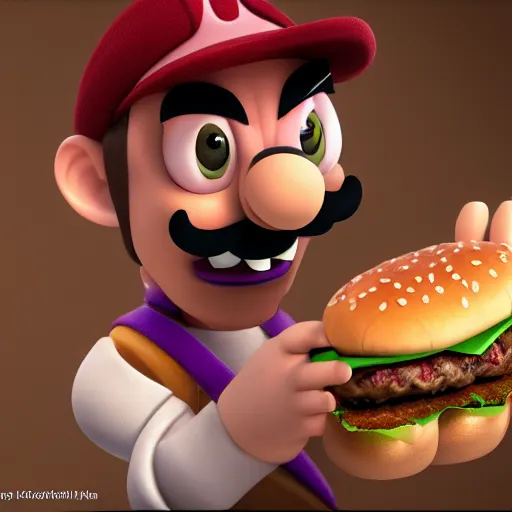 Prompt: waluigi eating hamburger, hyperrealistic, hyperdetalied, high quality, 8 k, high rendering, photorealistic, cinematic, cgsociety, artstation,