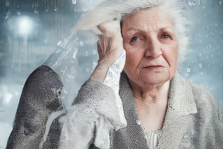 Image similar to a realistic cinematic headshot portrait of an old woman, wearing futuristic white suit in a skyscaper office, 4 k, ultra realistic, dramatic lighting, rain, clouds, fog, vogue, fashion, magazine spread, by annie leibovitz