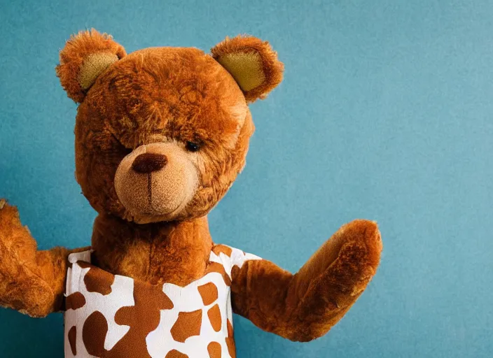 Image similar to a highly detailed beautiful photo of a teddy bear wearing a giraffe costume