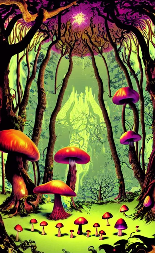 Prompt: psychedelic mushrooms in an enchanted forest with fairies in the trees wide angle shot, white background, vector art, illustration by frank frazetta and salvador dali