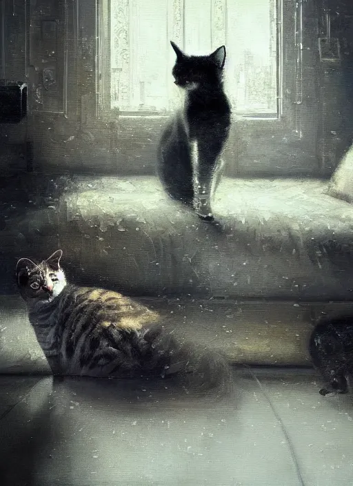 Image similar to a portrait of a cat inside a modern apartment, intricate oil painting, hyperdetailed, ethereal, cinematic, dramatic lighting, by jeremy mann and julius adam ii