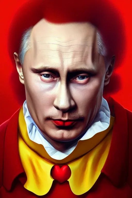 Image similar to vladimir putin as ronald mcdonald, 2 d portrait, symmetrical, highly detailed, digital painting, artstation, concept art, smooth, sharp focus, illustration, cinematic lighting, art by artgerm and greg rutkowski and alphonse mucha