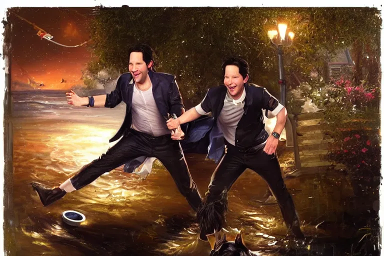 Prompt: paul rudd chasing a skunk late night, an oil painting by ross tran and thomas kincade