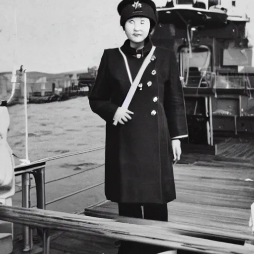 Prompt: Young Mongolian female Navy Admiral wearing a mess jacket, white waistcoat, gold-laced trousers, and a peaked cap, on the deck of a ship