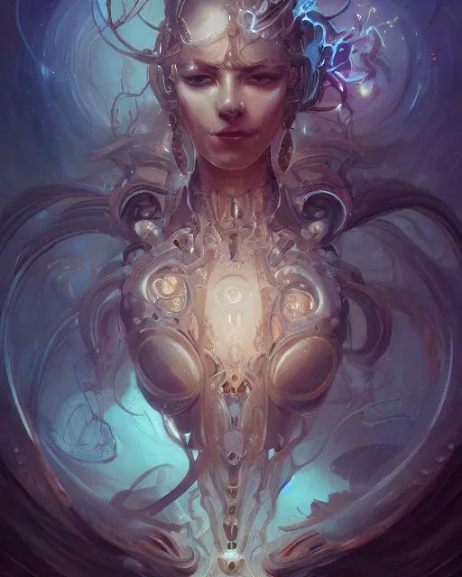 Prompt: portrait of a beautiful supernatural biomechanical emanation, by pete mohrbacher and artgerm and wlop, digital art, highly detailed, intricate, fantasy, mystical, sharp focus, Trending on Artstation HQ, deviantart, unreal engine 5, 4K UHD image