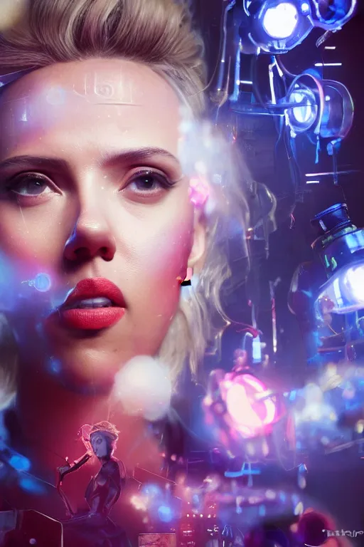 Image similar to portrait scarlett johansson masterpiece high fashion photography, bokeh, ready player one, scifi repair workshop, neon lights, james gurney, katsuhiro otomo, james paick, cinematic lighting, artstation, glowsticks, smoke, Craig Mullins, Greg Rutkowski, Pete Morbacher, Tuomas Korpi, tekkon kinreet, volumetric light, artstation, , octane render, redshift render, low angle camera by Edgar Maxence and Ross Tran and Michael Whelan, Legends of Runeterra