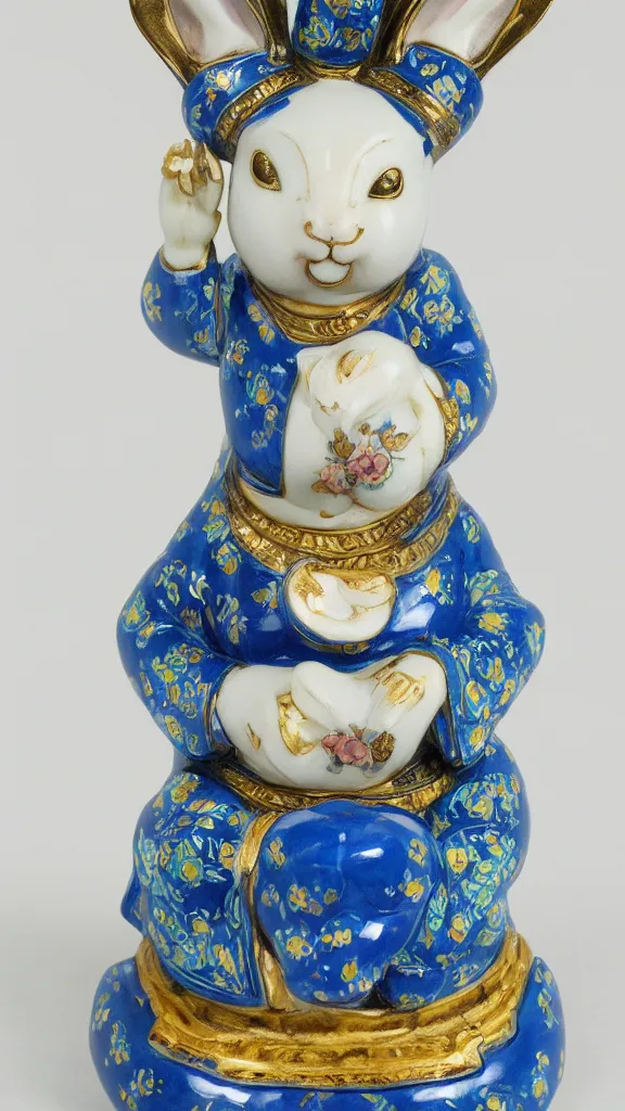 Image similar to porcelain rabbit head budda statue with blue arabesque details with a japanese kiseru in hand painted by john singer sargent