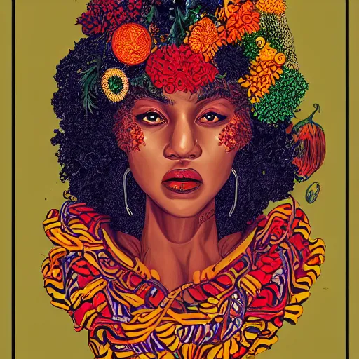 Image similar to the portrait of a beautiful and elegant young black woman made up of peppers, an ultrafine detailed illustration by james jean, intricate linework, bright colors, final fantasy, behance contest winner, vanitas, angular, altermodern, unreal engine 5 highly rendered, global illumination, radiant light, detailed and intricate environment