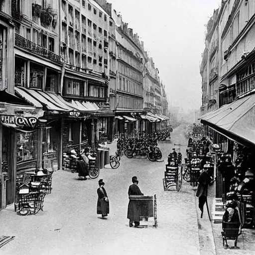 Prompt: une rue de paris vide avec des voitures garees, un restaurant avec une terrasse, des boutiques avec des neons, en debut de matinee en 1 8 9 0