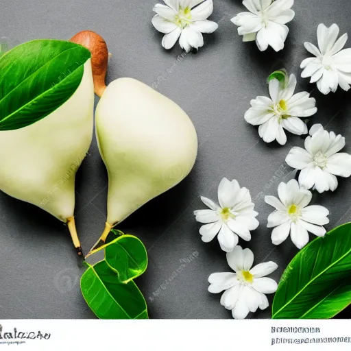 Image similar to perfume bottle surrounded by white flowers, green leaves, and pears, soft zen minimalist, white background, bright, crisp