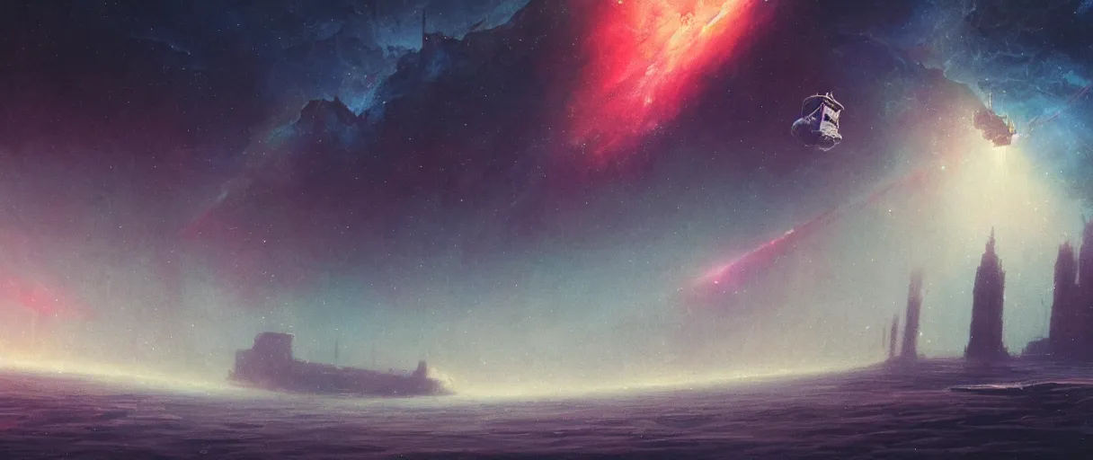 Image similar to lone industrial!!! spaceship!!, deepspace exploration!!!, flying, ridley scott universe, beksinski, floating!!! in a nebula, the final frontier, illustrative!!, apparent brush strokes, hyperdetailed, sketch, cinematic lighting, 4k, wide angle, trending on artstation, ((neon colors))