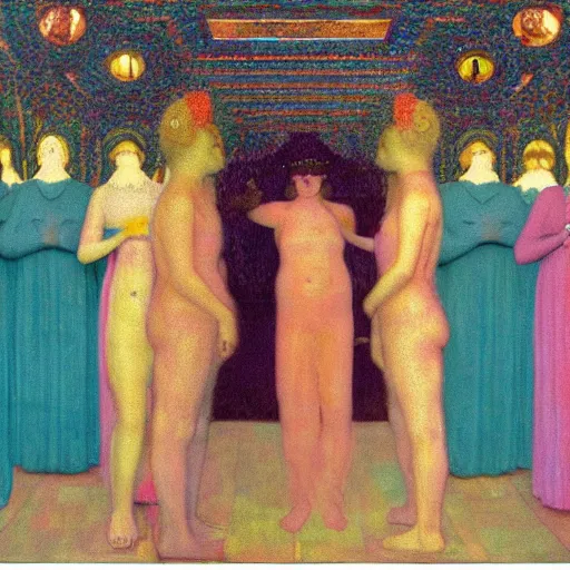 Image similar to a procession of women in a giant metaphysical temple, hyperrealistic film still by gottfried helnwein, by klimt, by paolo uccello, art nouveau, highly detailed, lights by edward hopper, liminal, eerie, metaphysical, bright pastel colors,