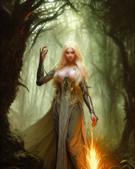 Prompt: blonde sorceress with a cloak and fantasy armor casting a spell in the forest, fantasy character portrait, ultra realistic, concept art, intricate details, highly detailed by greg rutkowski, gaston bussiere, craig mullins, simon bisley