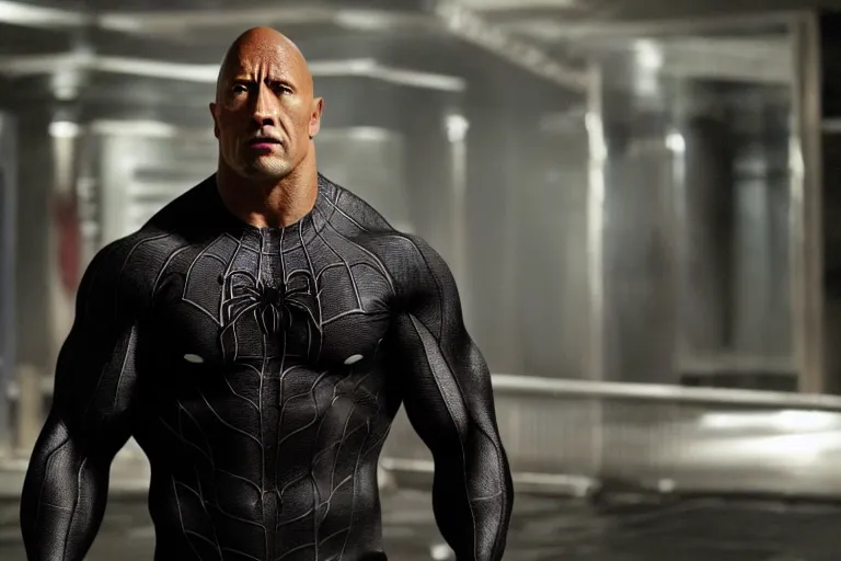 Image similar to film still of Dwayne Johnson as Eddie Brock in Spider-man 3 2007, 4k