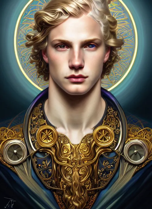 Image similar to portrait of smirking young god apollo, wavy blond hair, bright halo, glowing eyes, volumetric lights, platinum scheme, art nouveau botanicals, gothic, intricate, highly detailed, digital painting, artstation, concept art, smooth, sharp focus, symmetric face, illustration, steampunk, art by artgerm and greg rutkowski and alphonse mucha