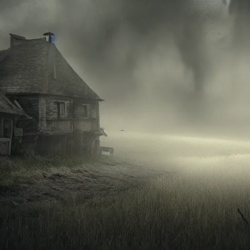 Image similar to Village, horror, fog, foster, highly detailed, one house, fear, hyper realistic, atmospheric lighting