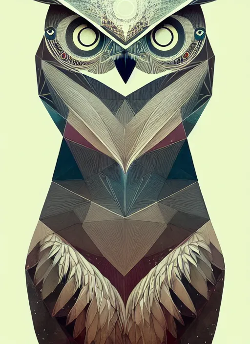 Image similar to portrait of a geometric owl, identical eyes, medium shot, illustration, full body made of white feathers, symmetrical, art stand, super detailed, cinematic lighting, and its detailed and intricate, gorgeous, by peter mohrbacher