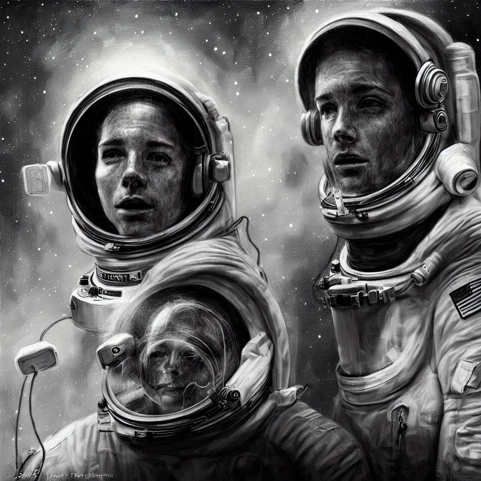 Prompt: portrait of an astronaut wearing head phones by ben templesmith, portrait, cinematic, epic composition, digital painting, digital art, masterpiece